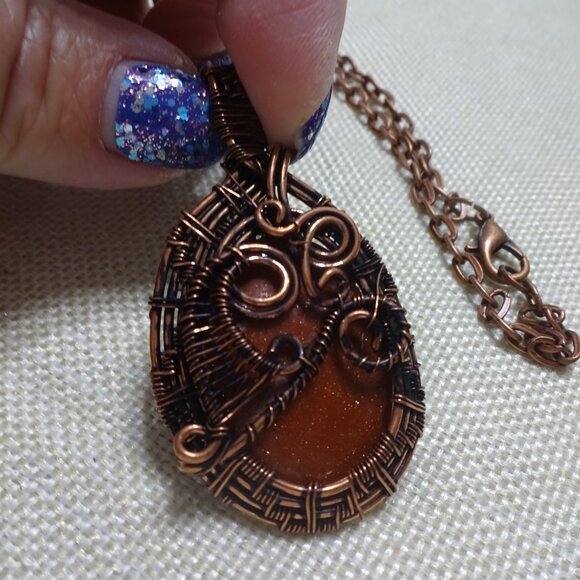 Rustic GOLD SUNSTONE Handmade COPPER WIRE-WRAPPED Pendant/Chain #950B - Picture 2 of 3